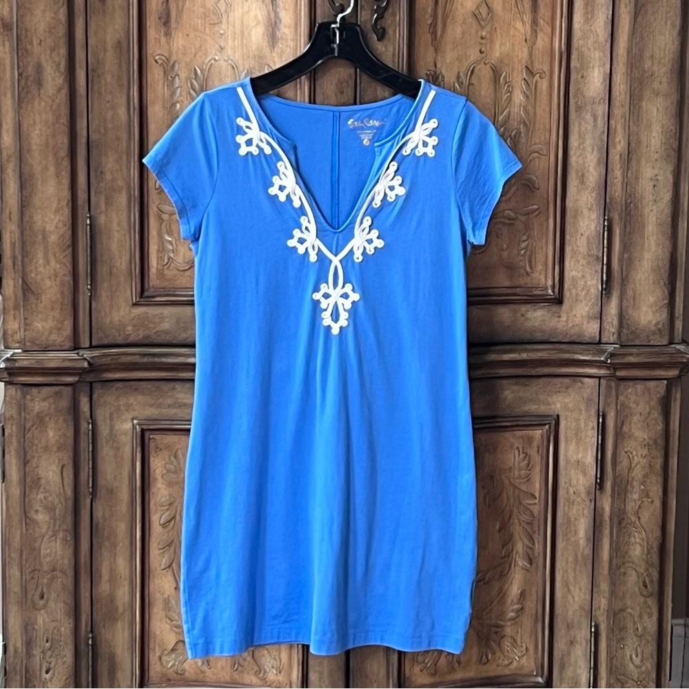 Lilly Pulitzer Women’s Blue Mini Dress White Embroidery Short Sleeve Sz M